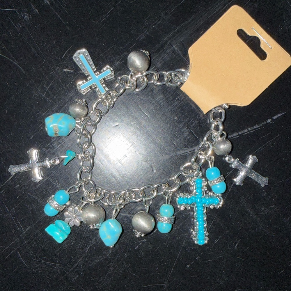 Alloy Pendant Iron Chain Beaded Faux Turquoise Inlaid Drop Oil Cross Bracelet - Picture 5 of 6
